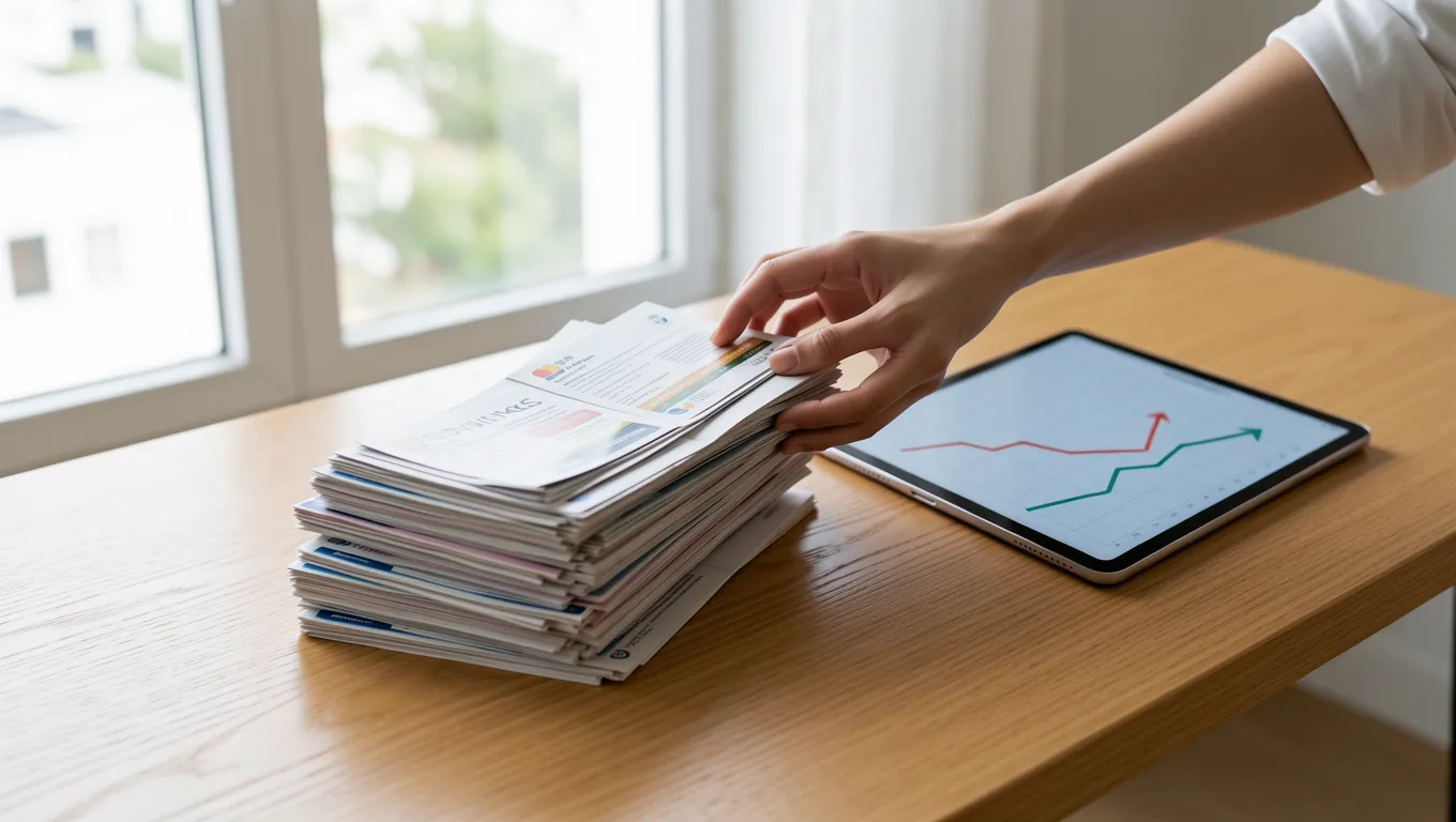 Person organizing debt consolidation documents for the best online personal loans