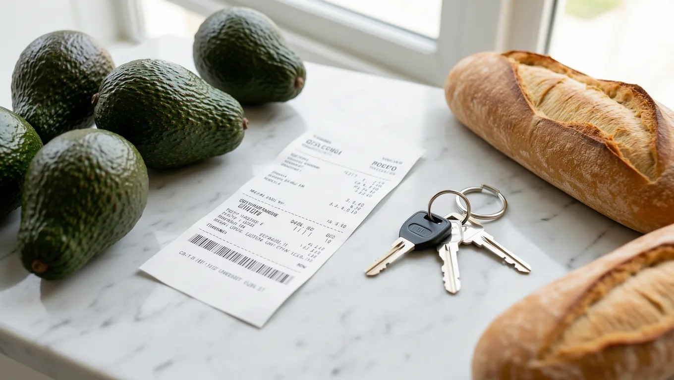 Grocery receipt and house keys next to fresh vegetables