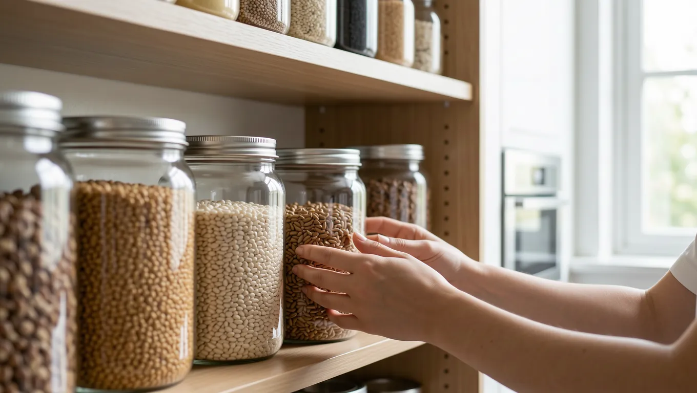 Hands organizing bulk food in glass jars in a pantry