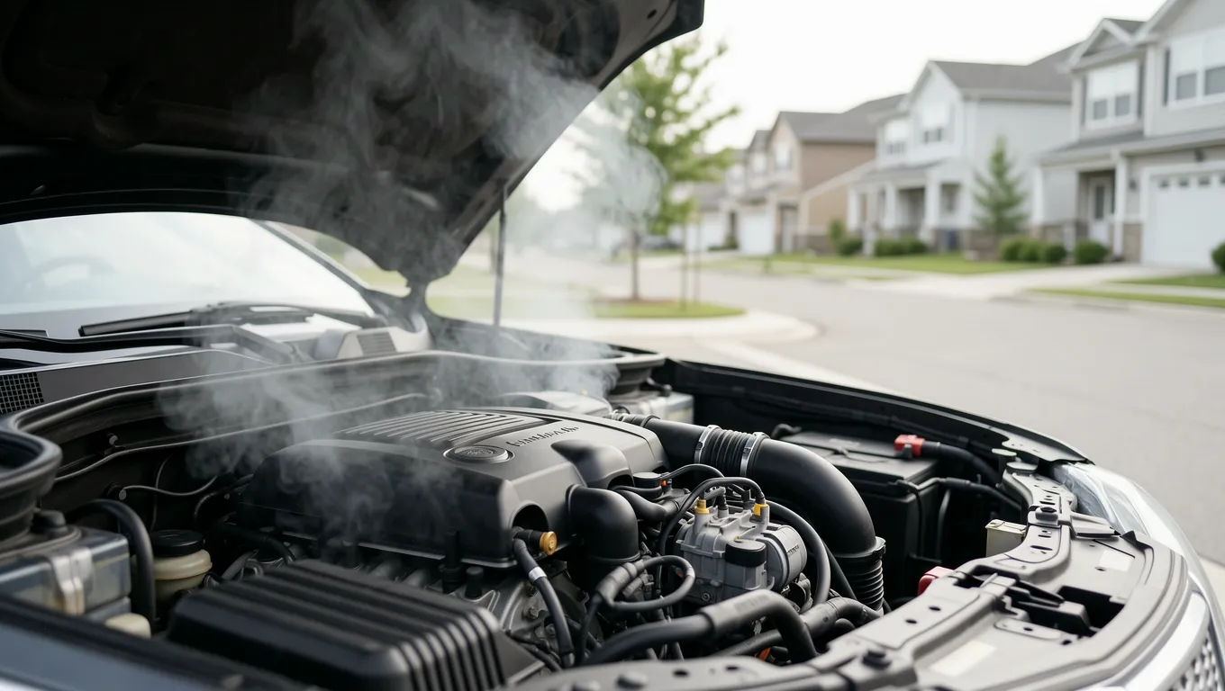 A car engine smoking on a residential street indicating an emergency repair