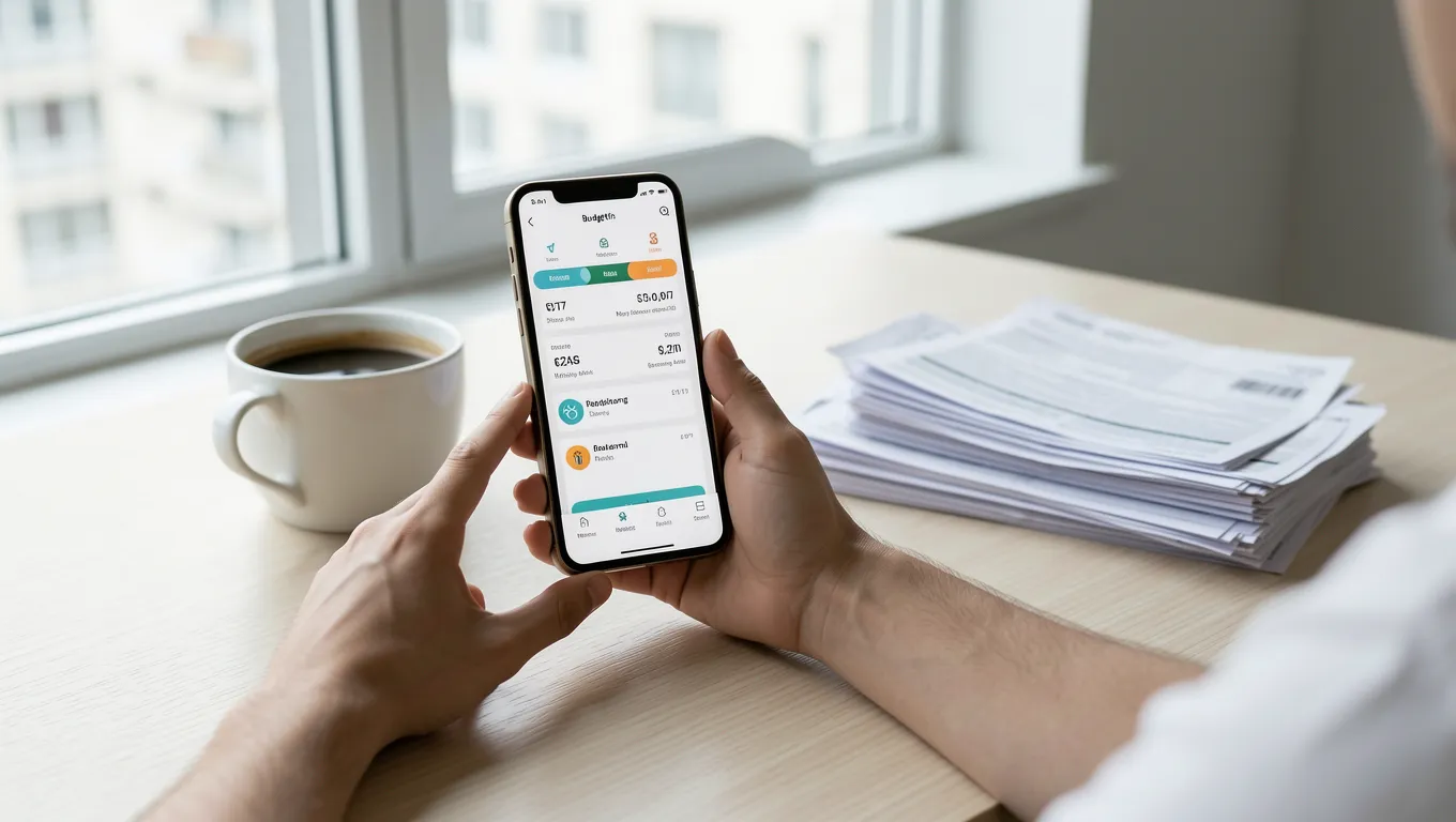 Hands using a mobile banking app near household utility bills