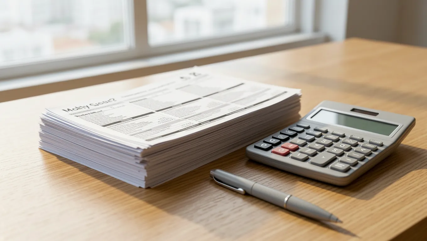 Monthly utility bills and a calculator on a wooden desk in soft light
