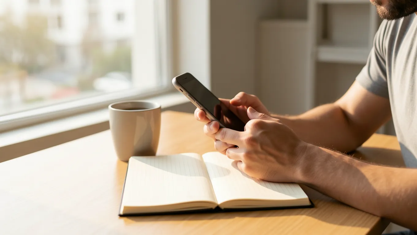 Person holding a smartphone to make an important phone call at a desk