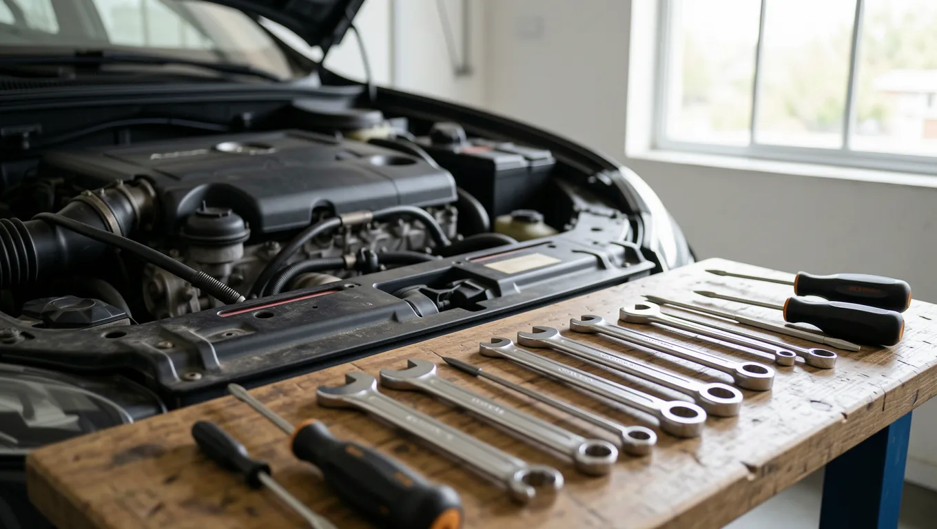 Mechanical tools laid out near a car engine in a bright garage