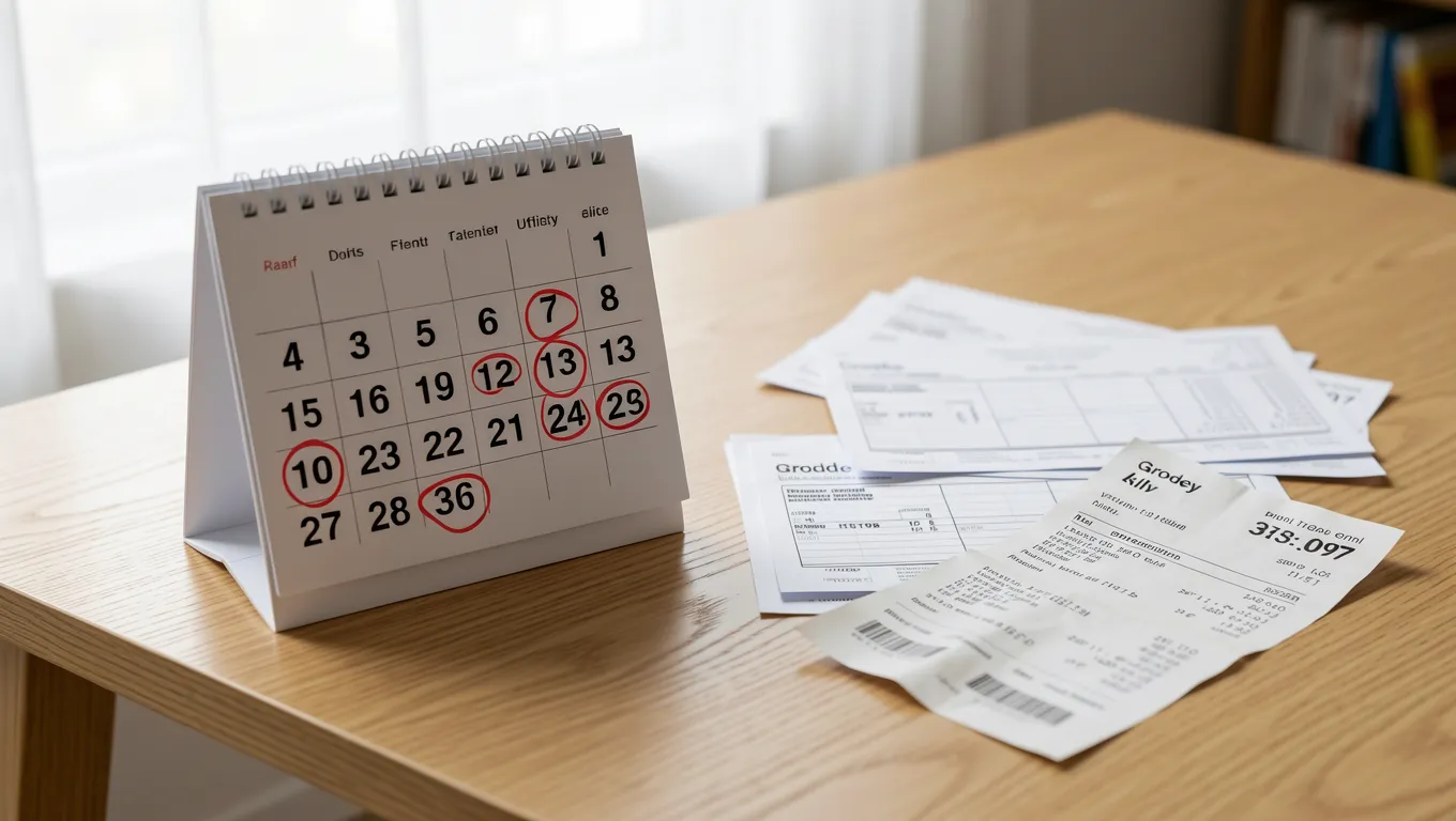Calendar with circled dates next to household bills