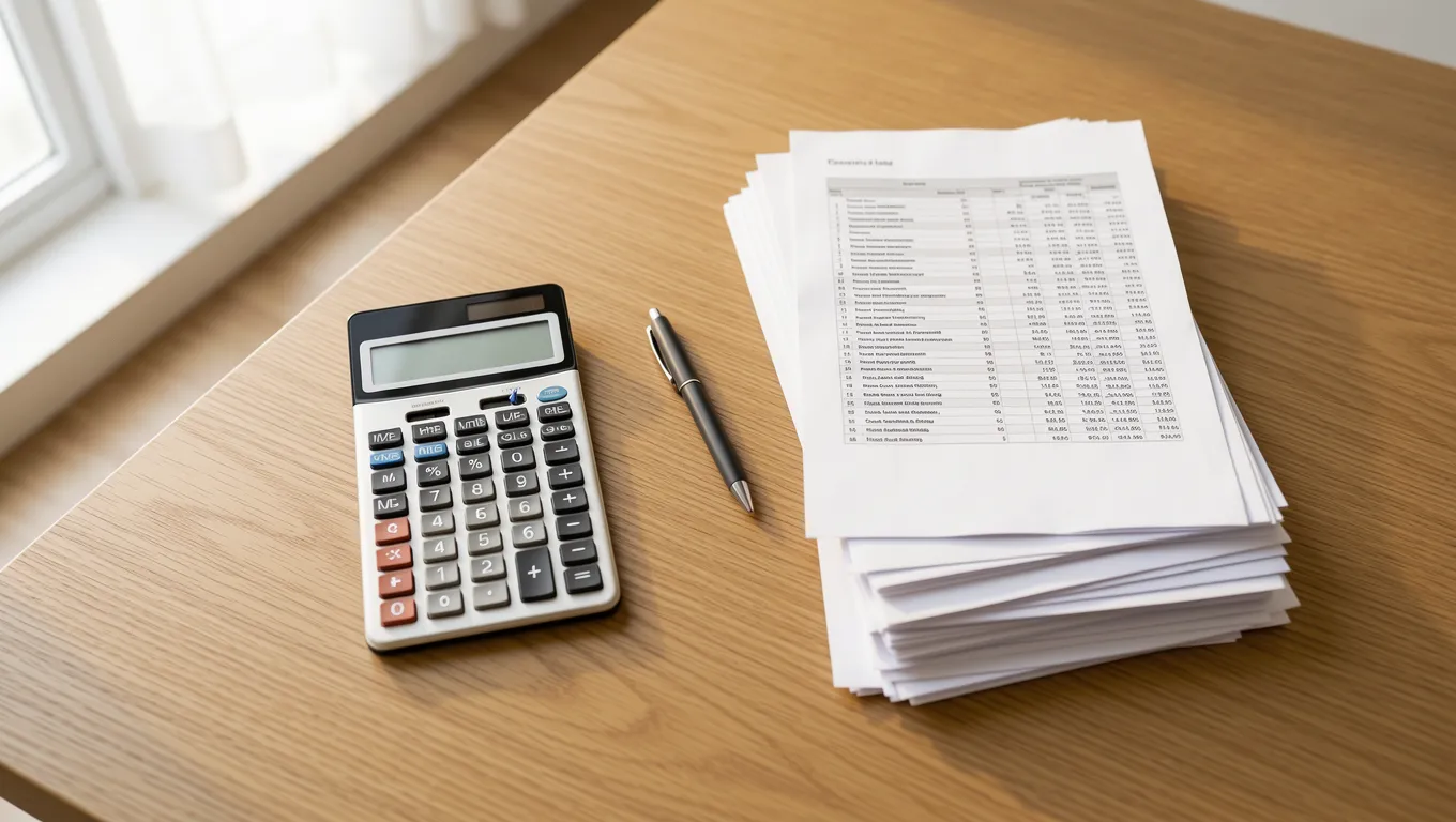 Financial documents and a calculator on a wooden desk