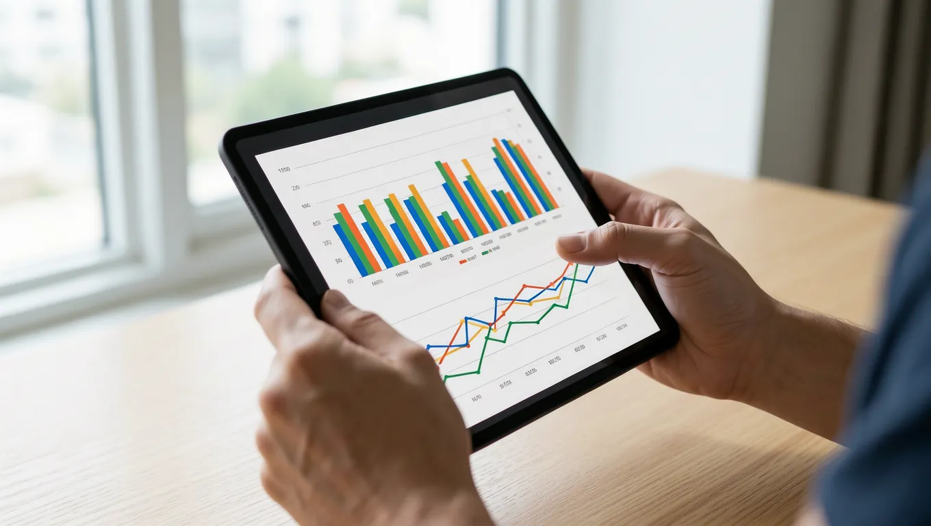 Hands reviewing financial charts on a digital tablet