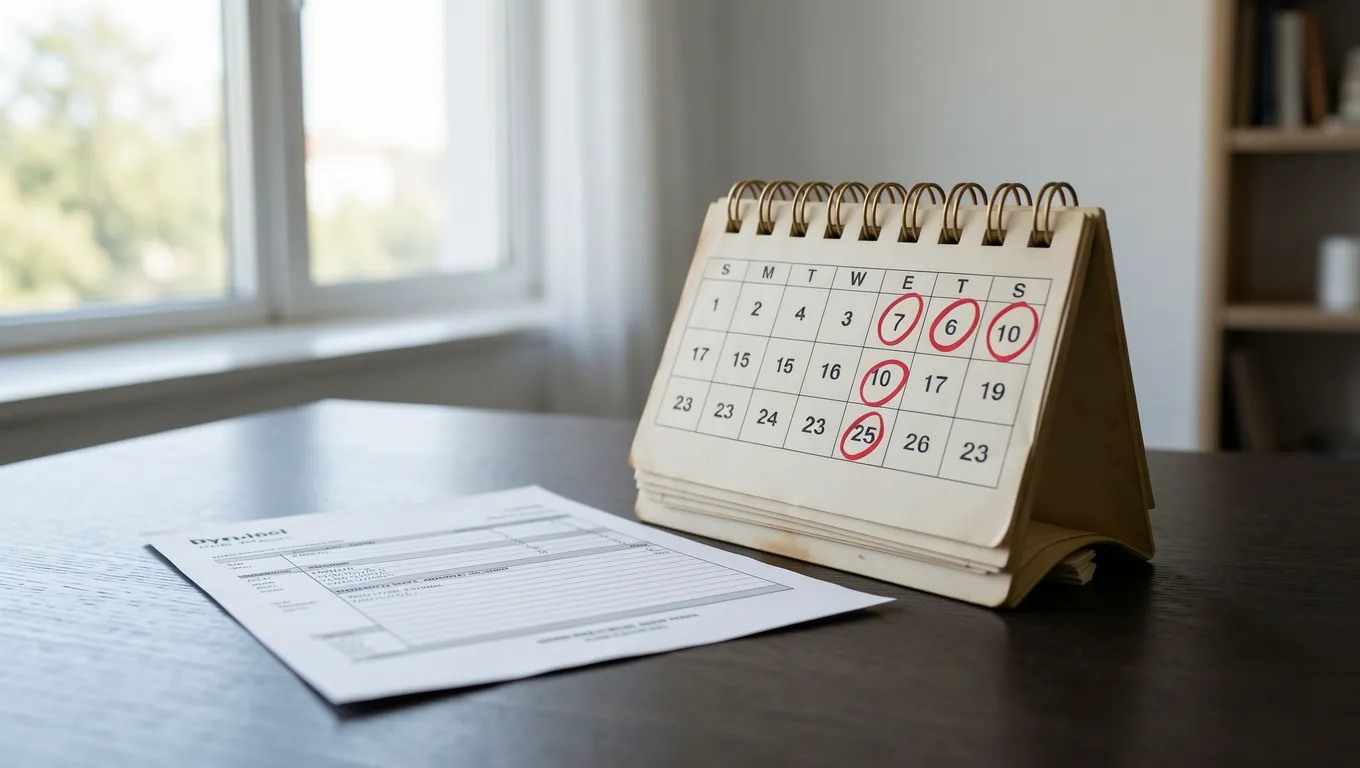 Close up of a marked calendar and an unpaid bill
