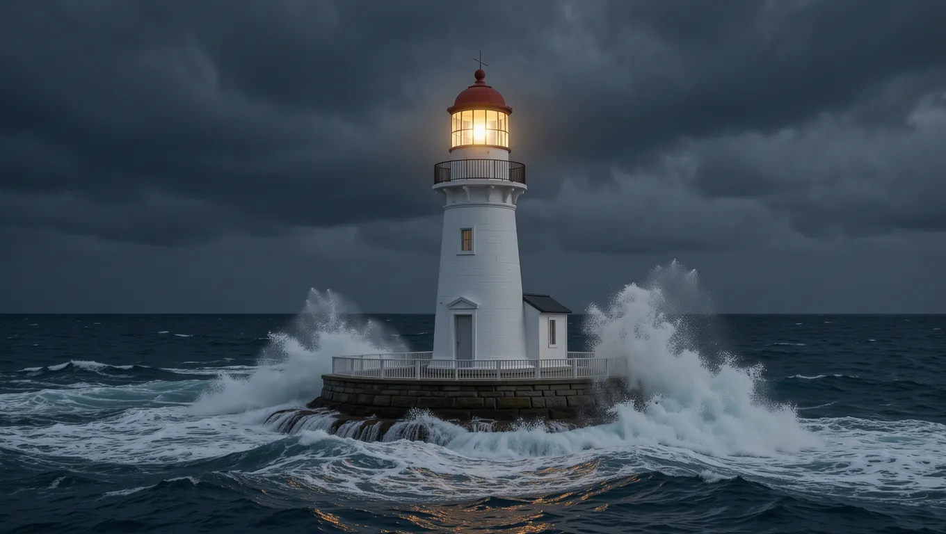 Lighthouse standing steady against stormy sea waves