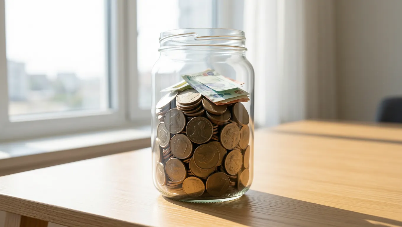 Glass savings jar sitting by a sunlit window