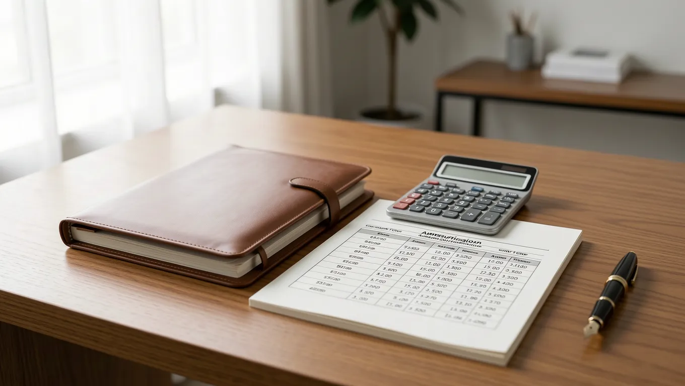 Financial planning tools including a calculator and loan amortization schedule on a desk