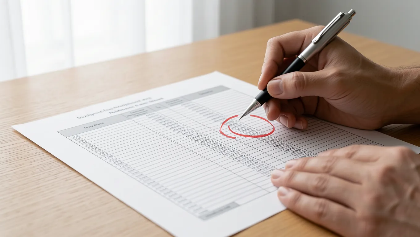 Hands marking up a financial budget spreadsheet with a pen