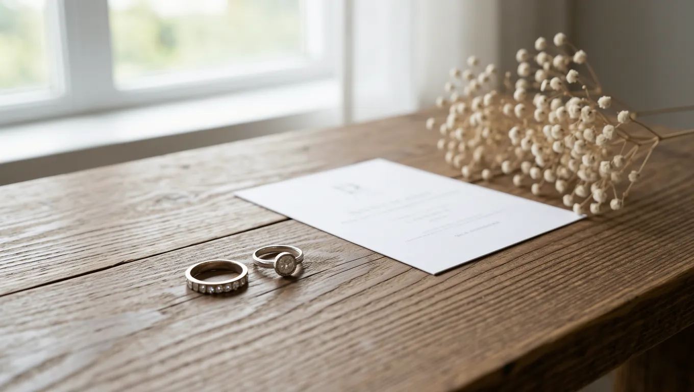 Wedding rings and an invitation on a wooden surface