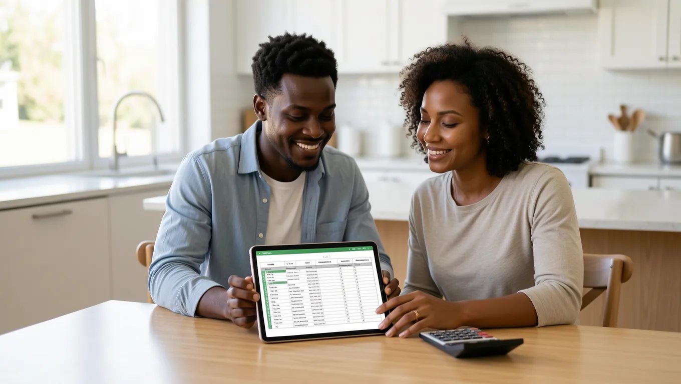 Couple planning their wedding budget together