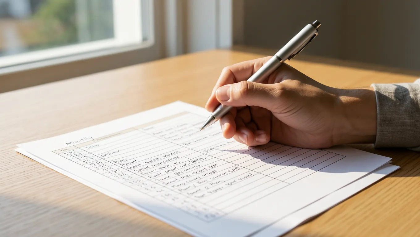 Hand writing in a budget planner on a wooden desk