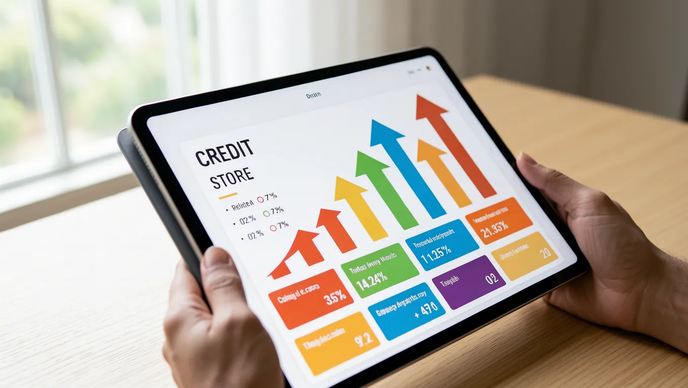 Digital tablet showing a rising credit score dashboard for personal loans for bad credit
