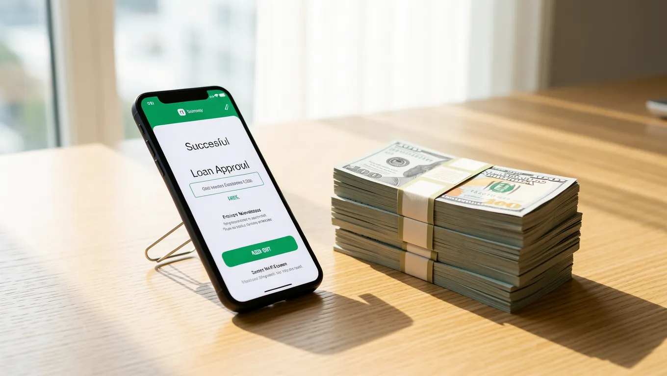 A smartphone displaying a digital banking app near small cash personal loans in the form of currency.